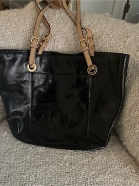 Michael Kors Black patent Leather Tote with Tan Straps